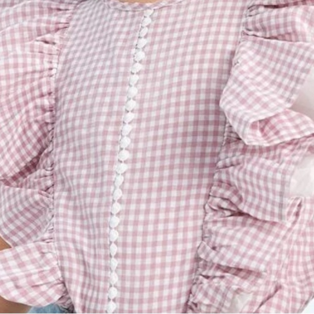 SHEIN Girls Gingham Print Giupure Lace Insert Buttefly Sleve Blouse